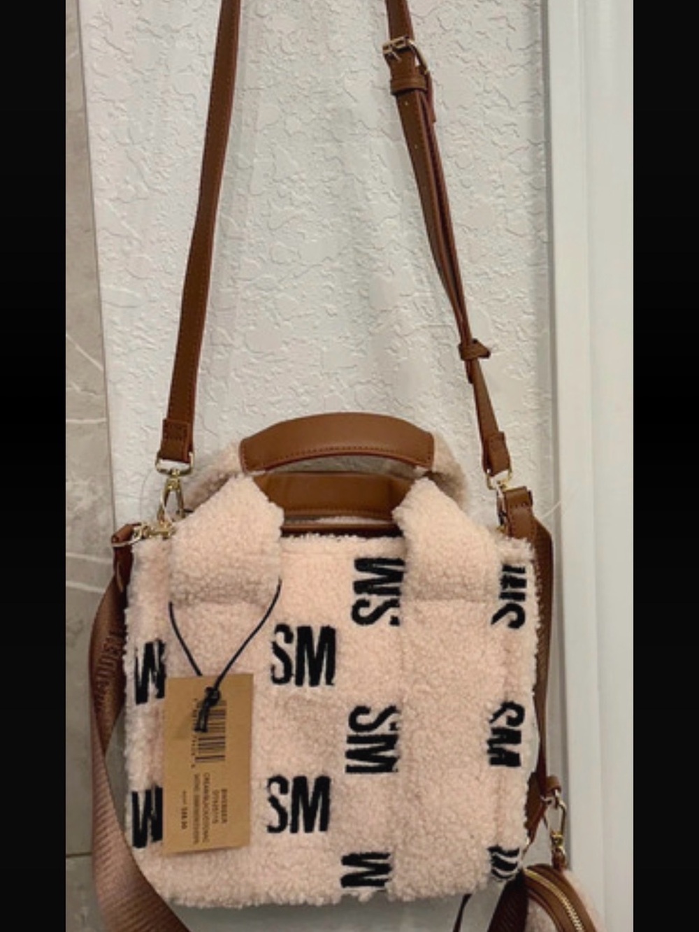 Steve Madden Cream Sherpa Crossbody with Brown Trim